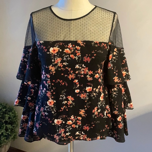 NWOT WHBM Floral print / mesh dot / blouse tiered bell sleeves stretch Small - Picture 5 of 12